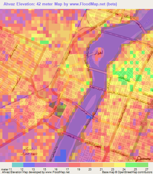 Ahvaz,Iran Elevation Map