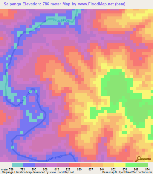 Saipanga,Angola Elevation Map