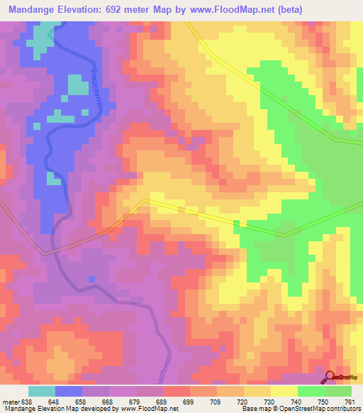 Mandange,Angola Elevation Map