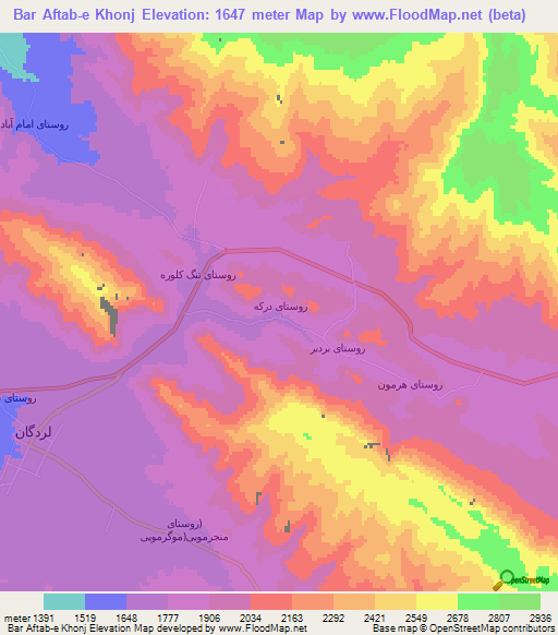 Bar Aftab-e Khonj,Iran Elevation Map