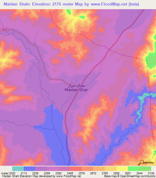 Maidan Shahr,Afghanistan Elevation Map