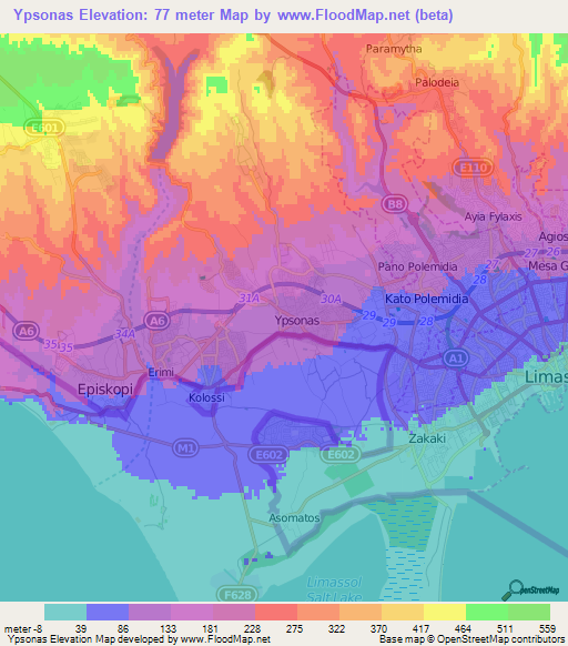 Ypsonas,Cyprus Elevation Map