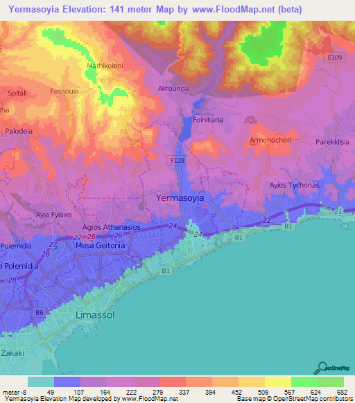 Yermasoyia,Cyprus Elevation Map