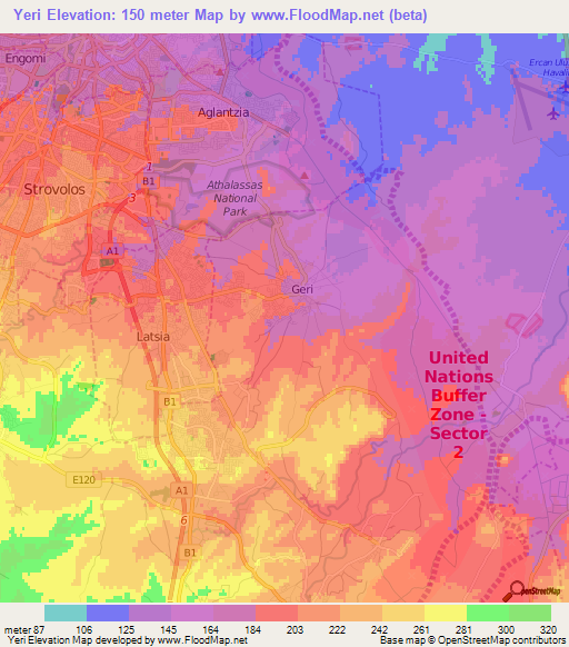 Yeri,Cyprus Elevation Map