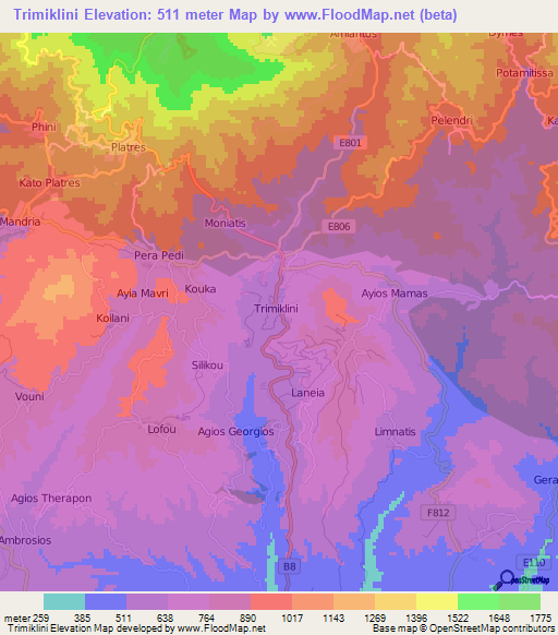 Trimiklini,Cyprus Elevation Map