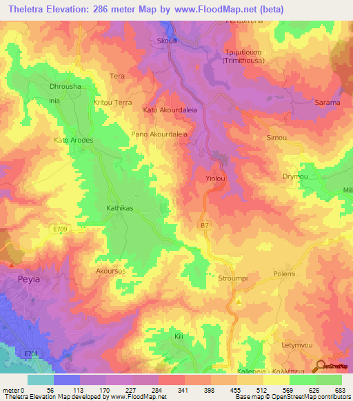 Theletra,Cyprus Elevation Map