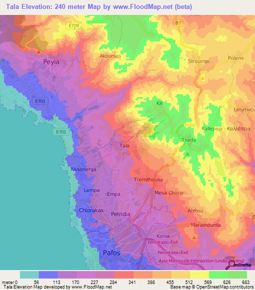Tala,Cyprus Elevation Map