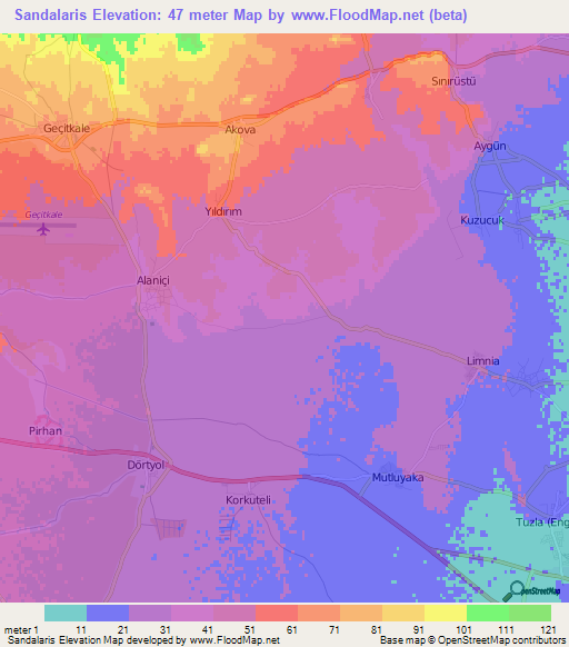 Sandalaris,Cyprus Elevation Map