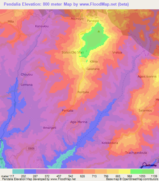 Pendalia,Cyprus Elevation Map