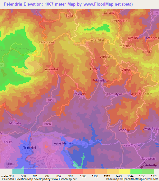 Pelendria,Cyprus Elevation Map