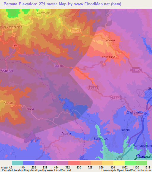 Parsata,Cyprus Elevation Map