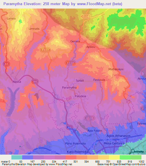 Paramytha,Cyprus Elevation Map