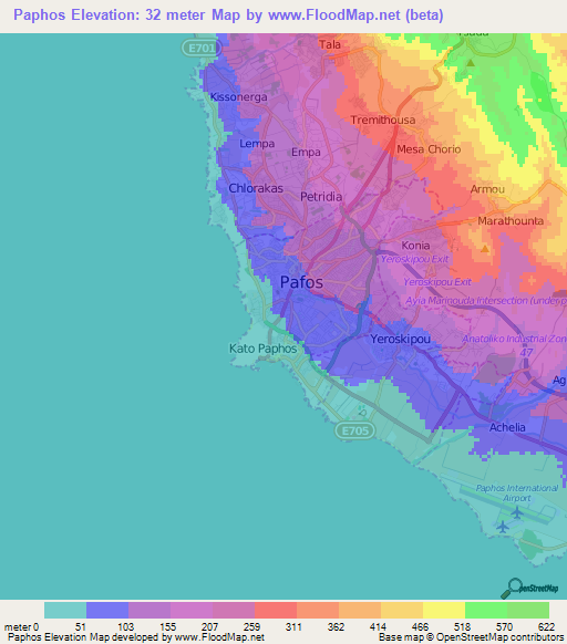 Paphos,Cyprus Elevation Map