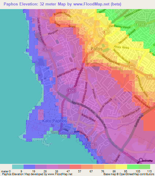 Paphos,Cyprus Elevation Map