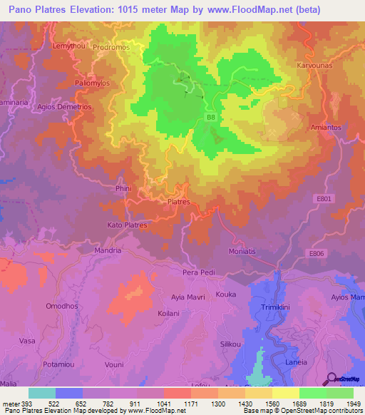 Pano Platres,Cyprus Elevation Map