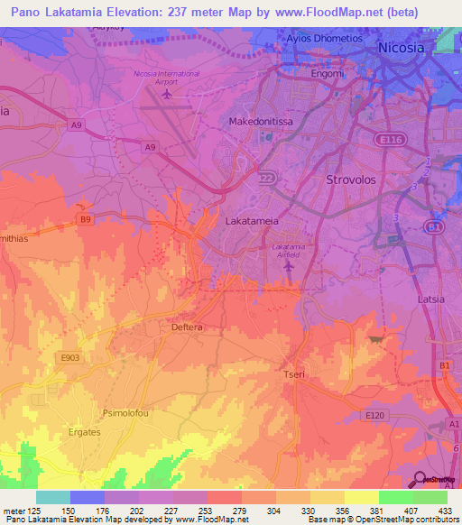 Pano Lakatamia,Cyprus Elevation Map