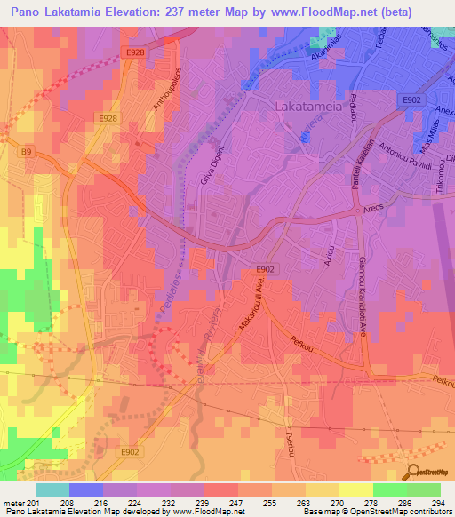Pano Lakatamia,Cyprus Elevation Map