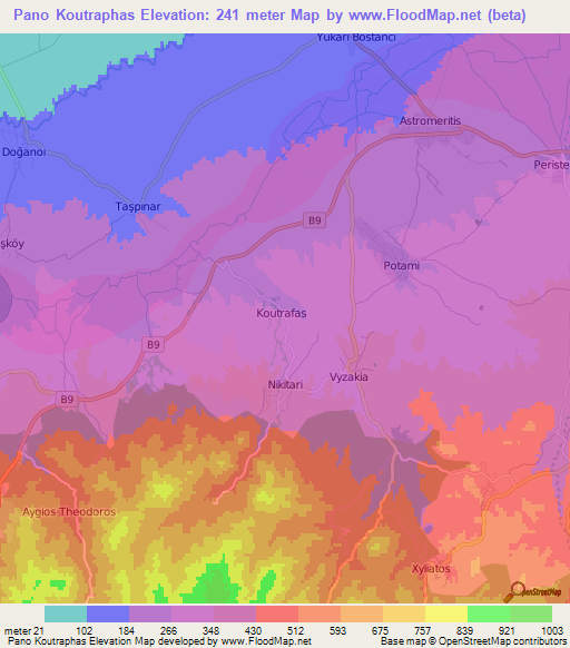 Pano Koutraphas,Cyprus Elevation Map