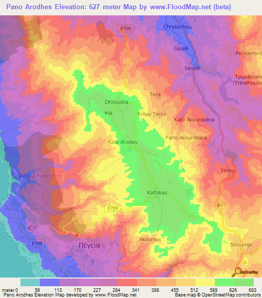 Pano Arodhes,Cyprus Elevation Map