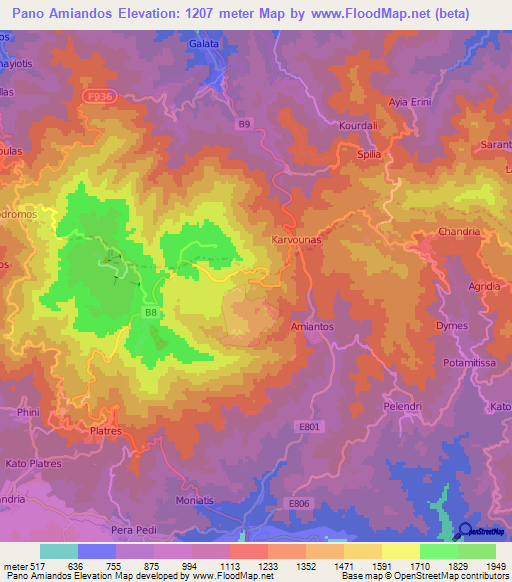Pano Amiandos,Cyprus Elevation Map