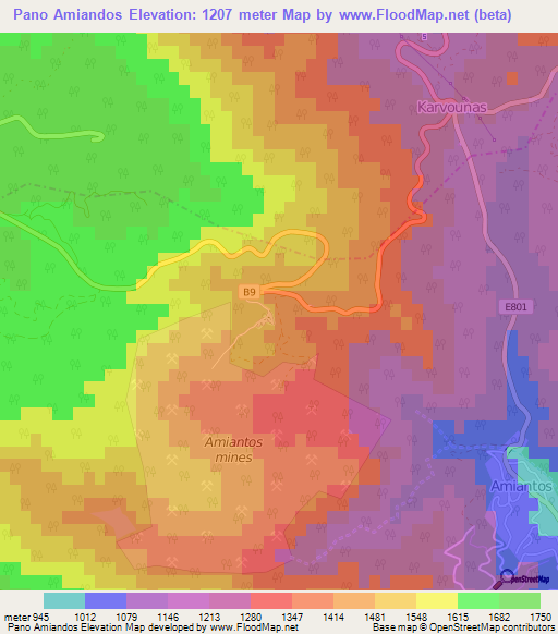 Pano Amiandos,Cyprus Elevation Map