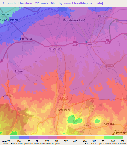 Orounda,Cyprus Elevation Map
