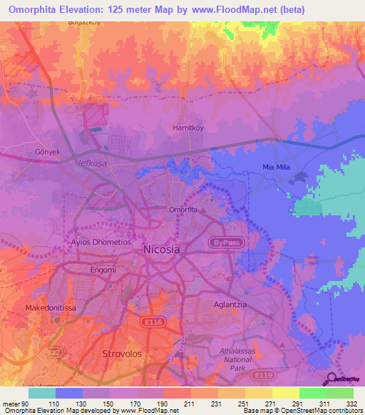 Omorphita,Cyprus Elevation Map
