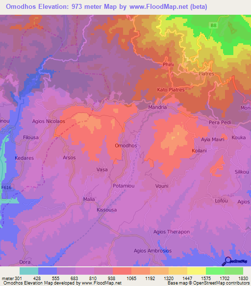 Omodhos,Cyprus Elevation Map
