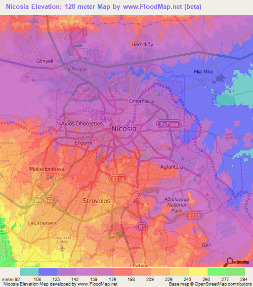 Nicosia,Cyprus Elevation Map