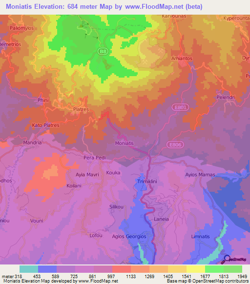 Moniatis,Cyprus Elevation Map