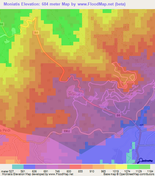 Moniatis,Cyprus Elevation Map