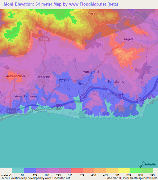 Moni,Cyprus Elevation Map