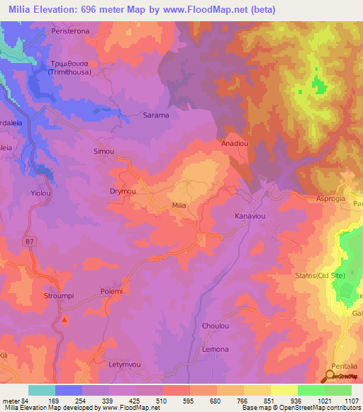 Milia,Cyprus Elevation Map