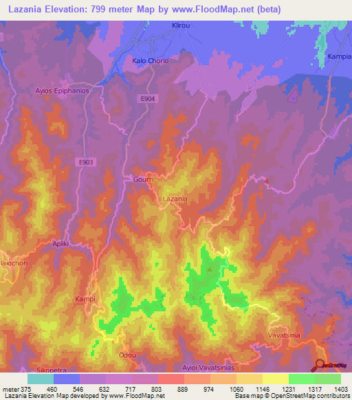 Lazania,Cyprus Elevation Map