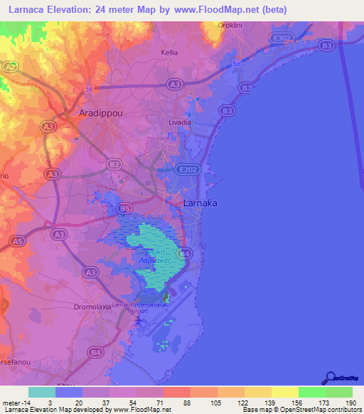 Larnaca,Cyprus Elevation Map
