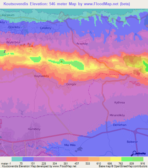 Koutsovendis,Cyprus Elevation Map