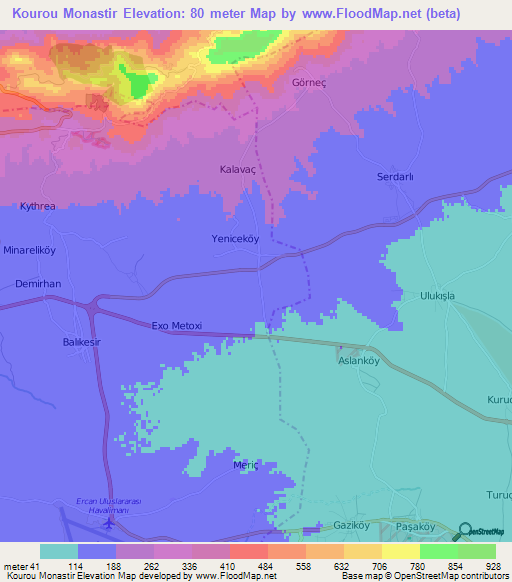 Kourou Monastir,Cyprus Elevation Map