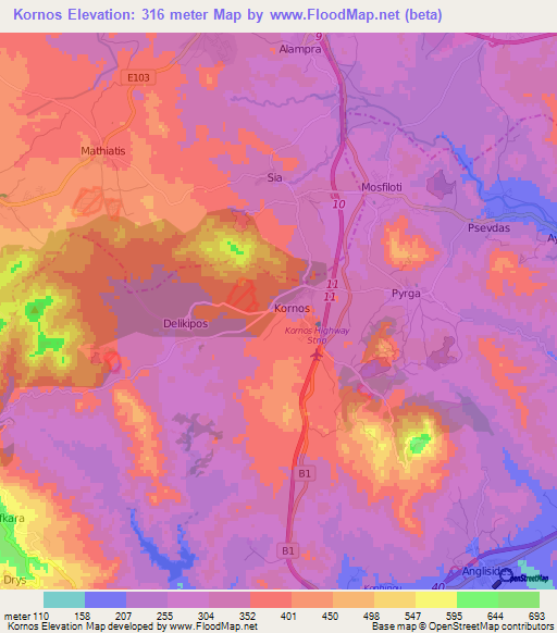 Kornos,Cyprus Elevation Map