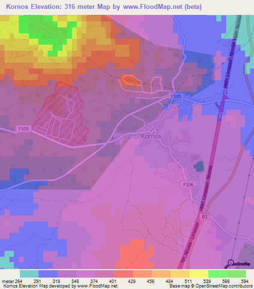 Kornos,Cyprus Elevation Map
