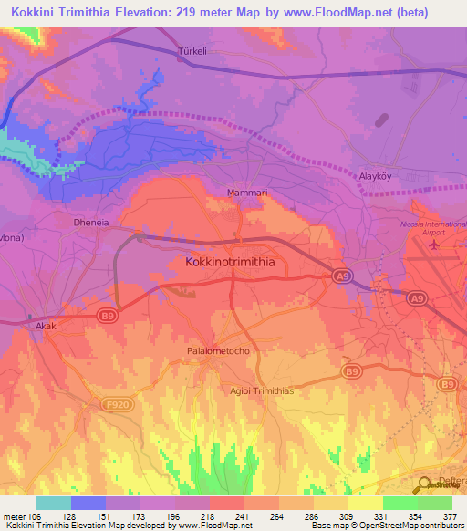 Kokkini Trimithia,Cyprus Elevation Map
