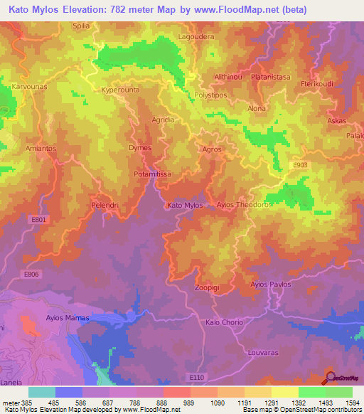 Kato Mylos,Cyprus Elevation Map