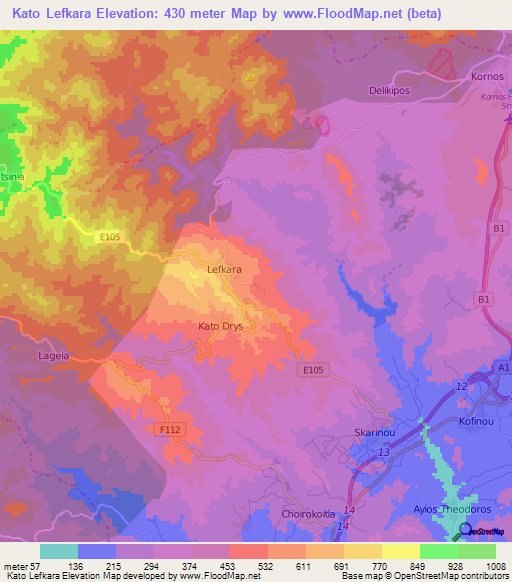 Kato Lefkara,Cyprus Elevation Map