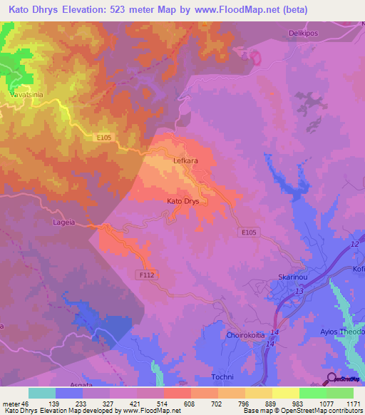 Kato Dhrys,Cyprus Elevation Map