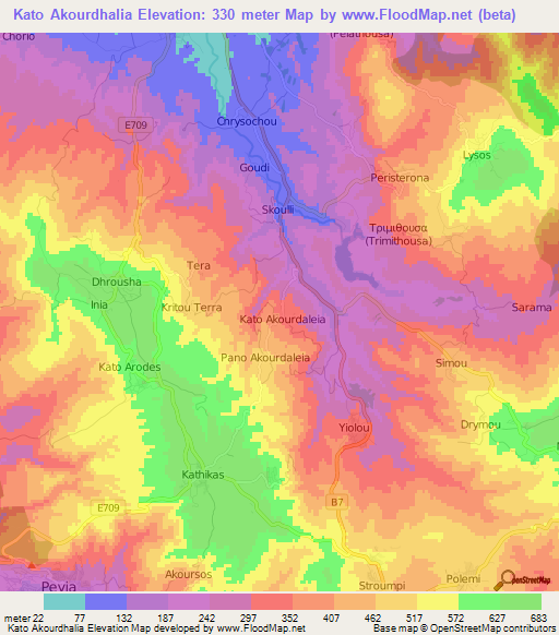 Kato Akourdhalia,Cyprus Elevation Map
