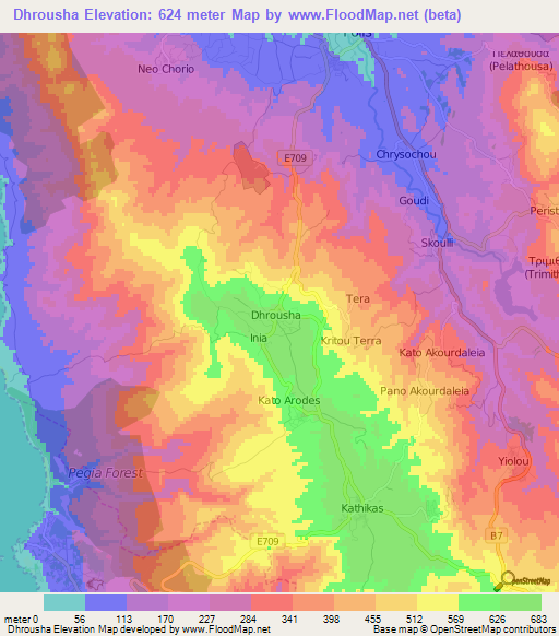 Dhrousha,Cyprus Elevation Map