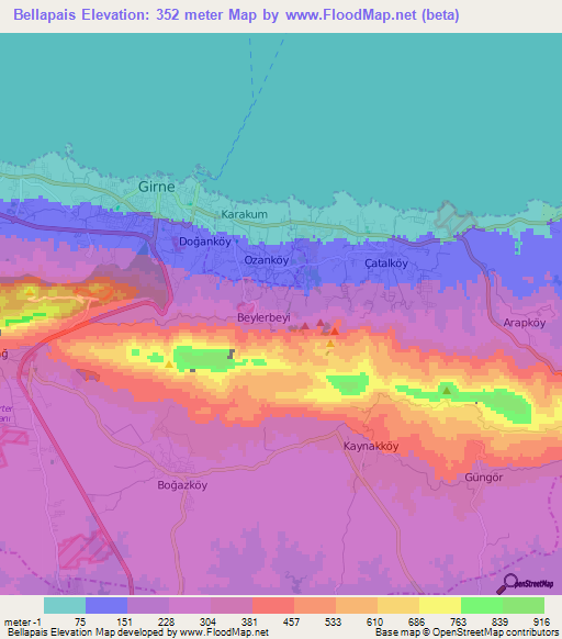 Bellapais,Cyprus Elevation Map