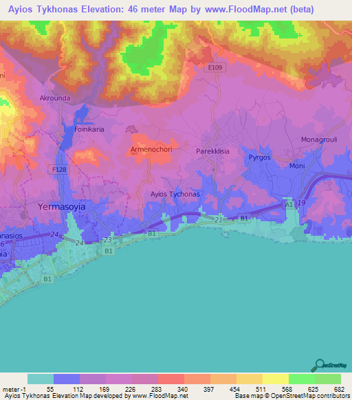 Ayios Tykhonas,Cyprus Elevation Map