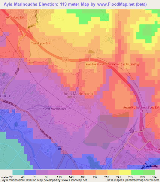 Ayia Marinoudha,Cyprus Elevation Map