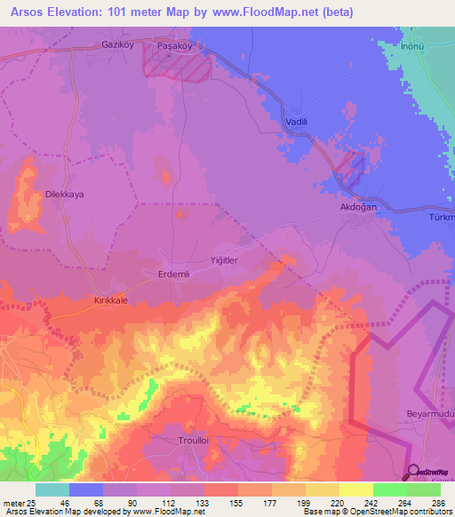 Arsos,Cyprus Elevation Map