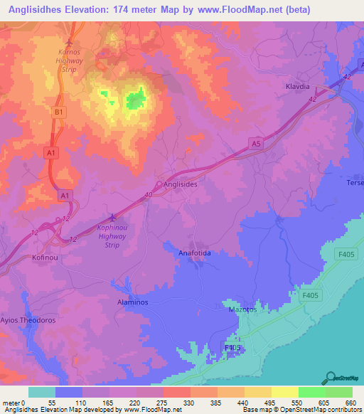 Anglisidhes,Cyprus Elevation Map